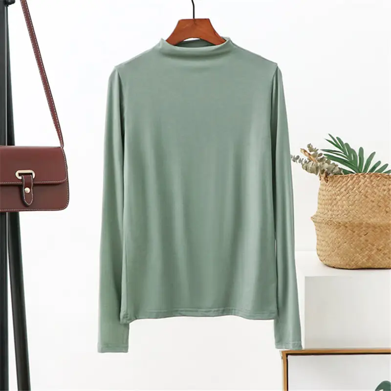 Women's 2021 Half-Turtleneck Long Sleeve T-Shirt White Modal - Image 8