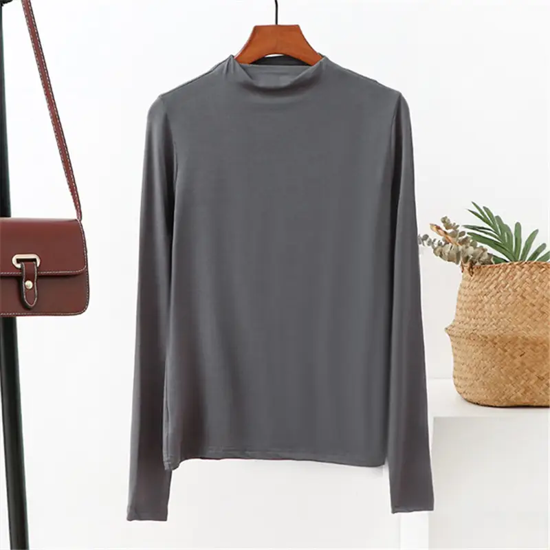 Women's 2021 Half-Turtleneck Long Sleeve T-Shirt White Modal - Image 9