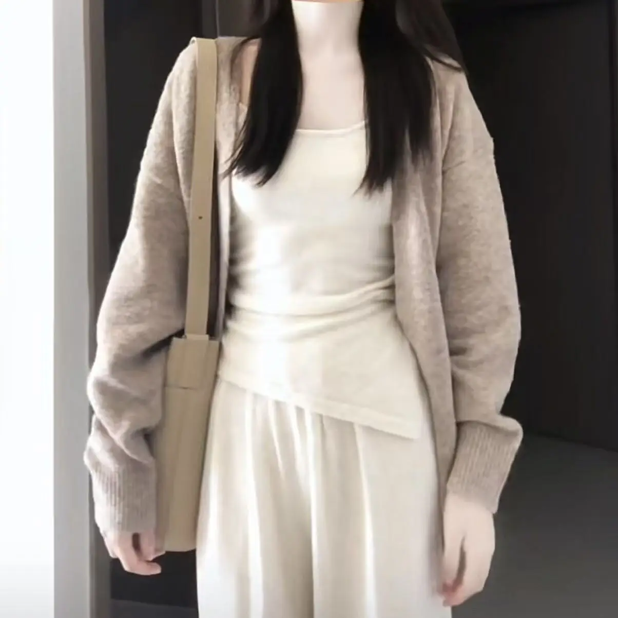 Women's Loose Knitted Cardigan Sweater Beige 2025 - Image 3