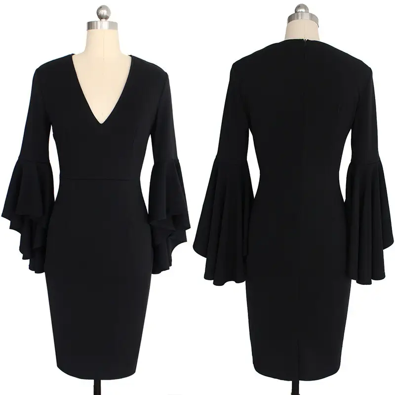 White Bell Sleeve V-Neck Slim Fit Pencil Dress - Image 6