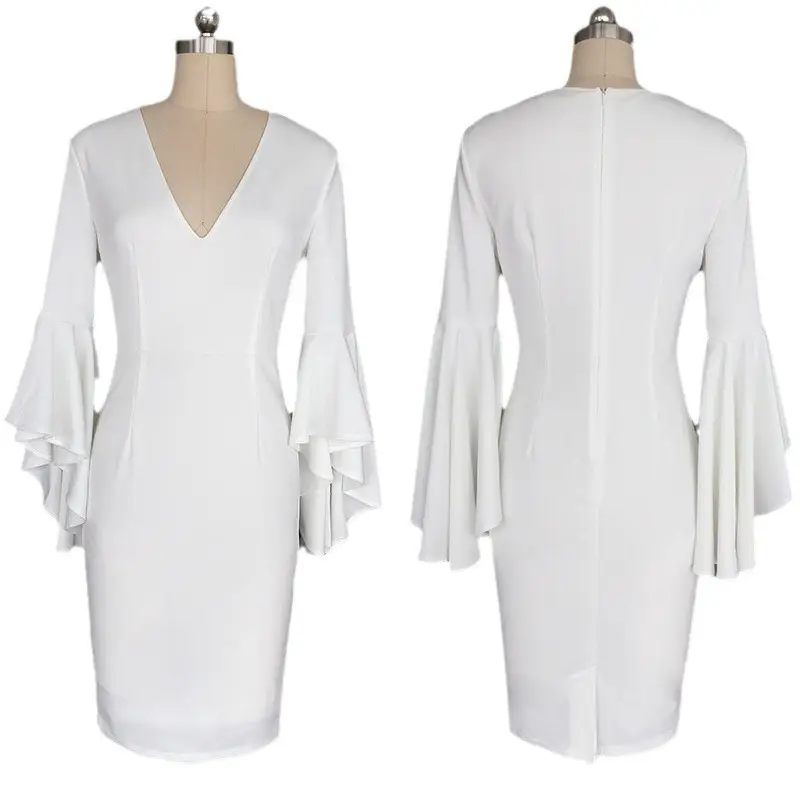 White Bell Sleeve V-Neck Slim Fit Pencil Dress - Image 8