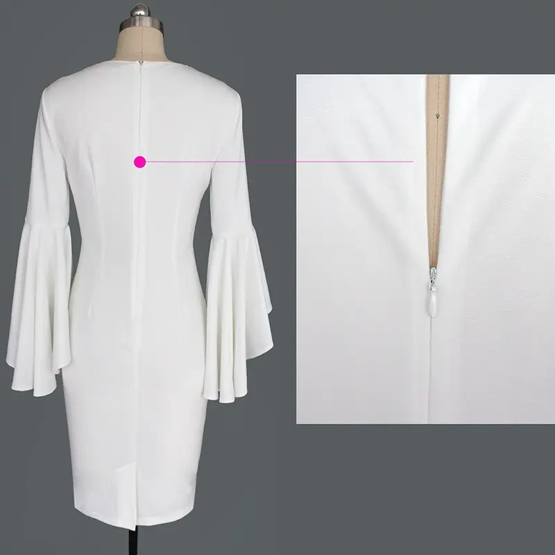 White Bell Sleeve V-Neck Slim Fit Pencil Dress — feature 10