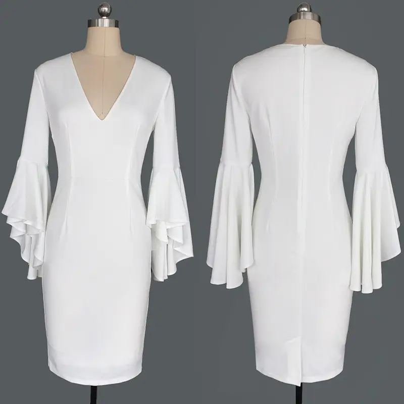 White Bell Sleeve V-Neck Slim Fit Pencil Dress — feature 7