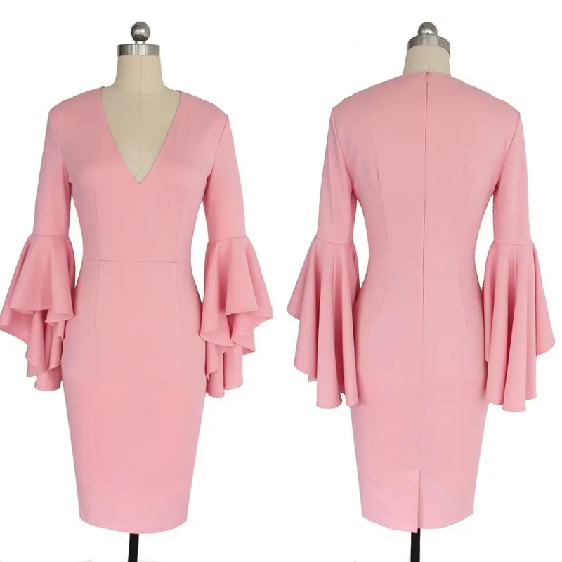 White Bell Sleeve V-Neck Slim Fit Pencil Dress — feature 8