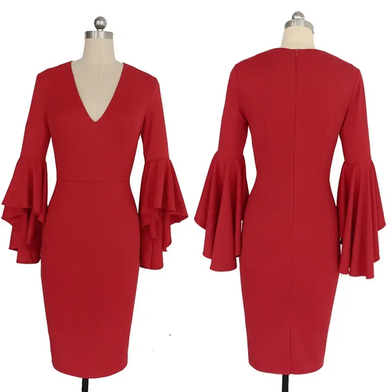 White Bell Sleeve V-Neck Slim Fit Pencil Dress — feature 9
