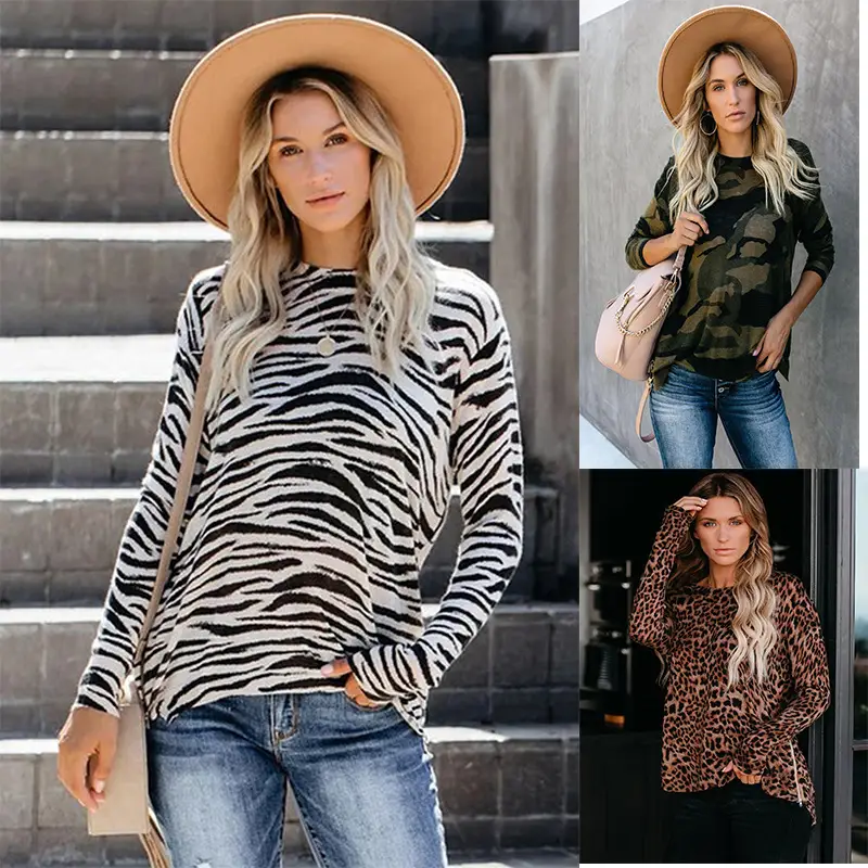 Women Leopard Print Long Sleeve T-Shirt Camo Bottom - Image 2