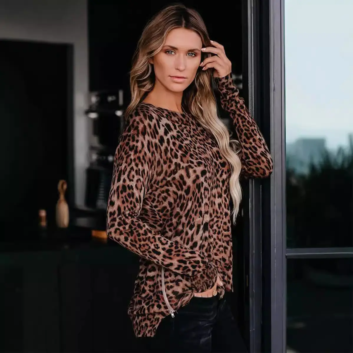 Women Leopard Print Long Sleeve T-Shirt Camo Bottom - Image 5