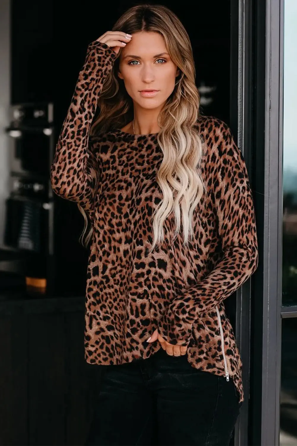 Women Leopard Print Long Sleeve T-Shirt Camo Bottom — feature 21