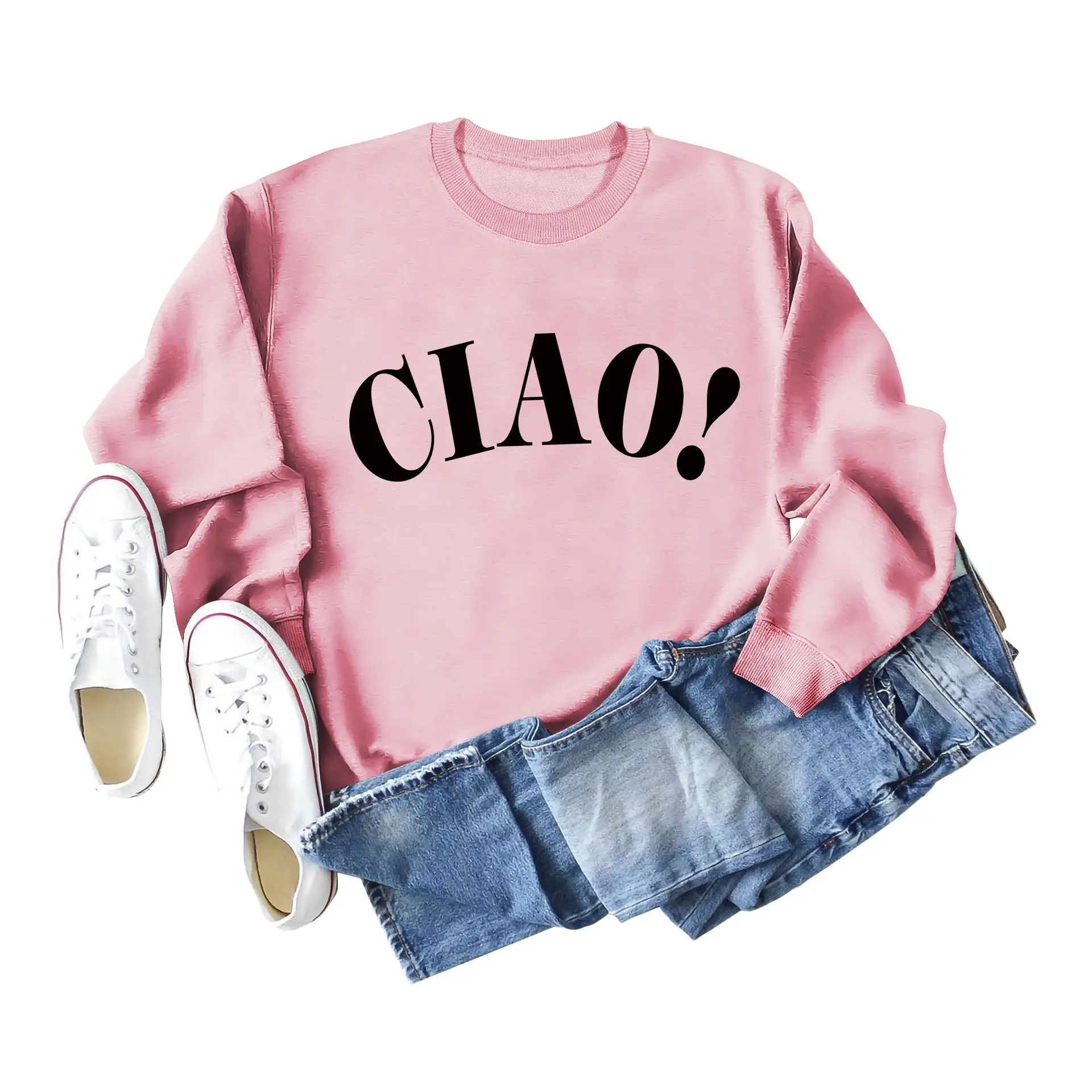 Women Red Ciao Long Sleeve Sweatshirt with Blue Denim Shorts Set