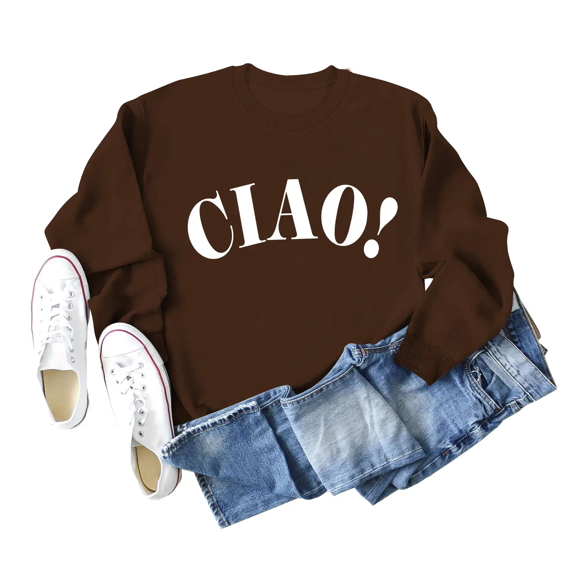 Women Red Ciao Long Sleeve Sweatshirt with Blue Denim Shorts Set