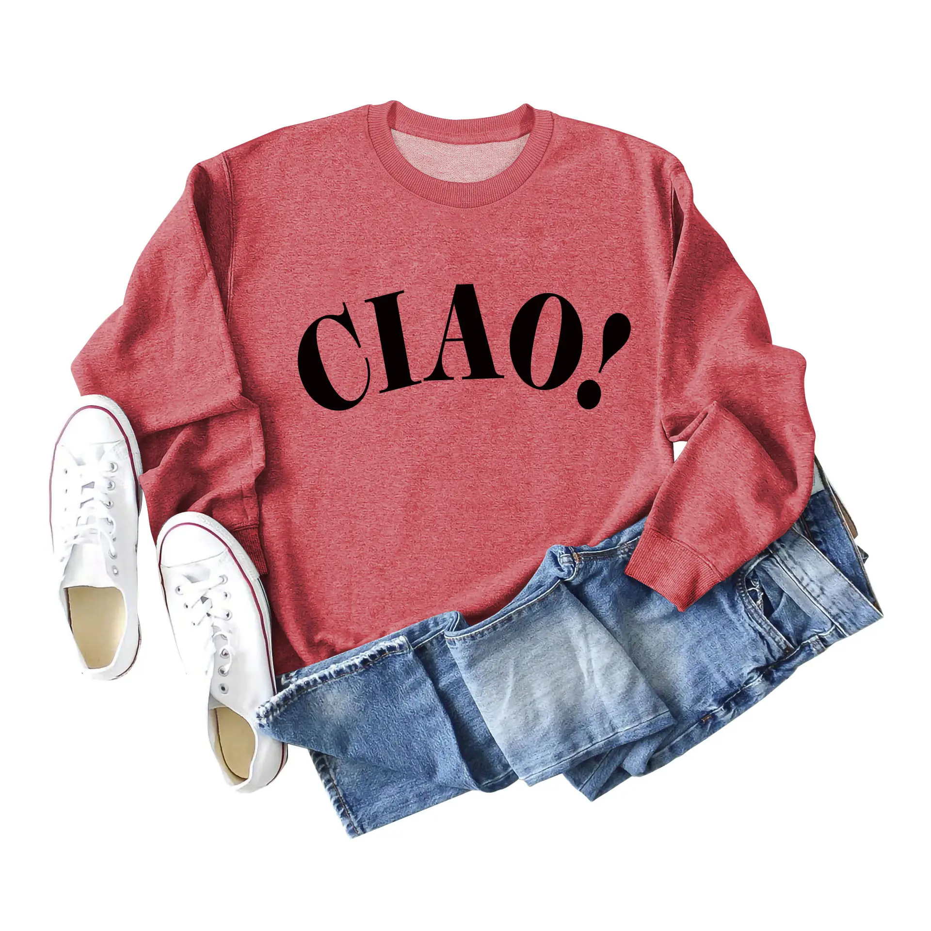 Women Red Ciao Long Sleeve Sweatshirt with Blue Denim Shorts Set