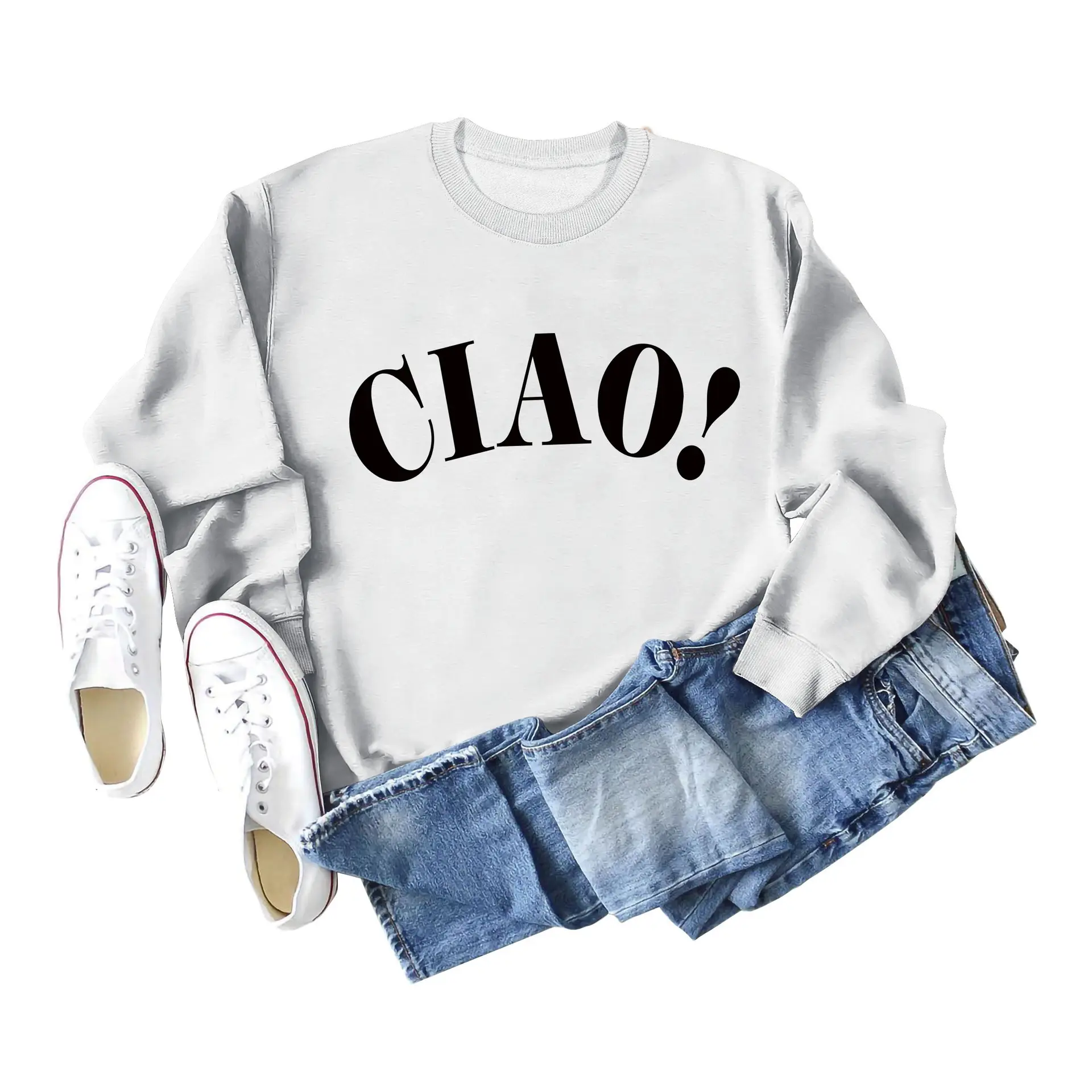 Women Red Ciao Long Sleeve Sweatshirt with Blue Denim Shorts Set