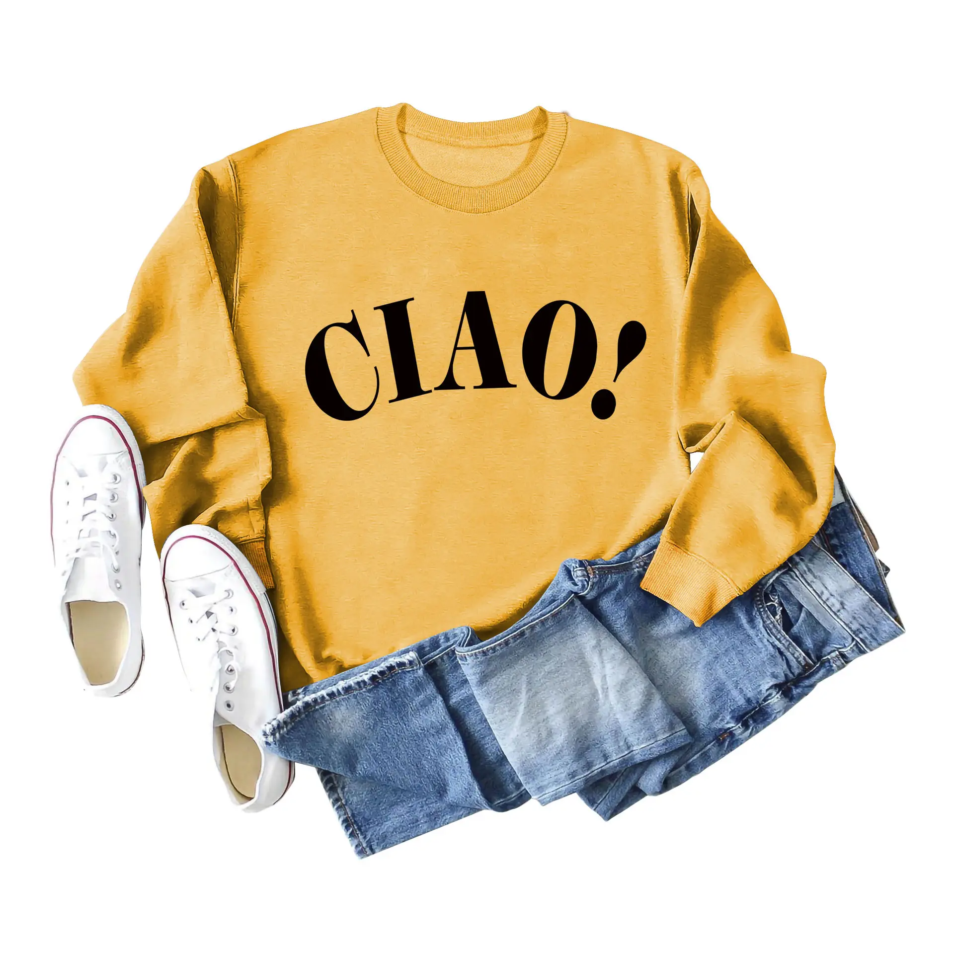 Women Red Ciao Long Sleeve Sweatshirt with Blue Denim Shorts Set