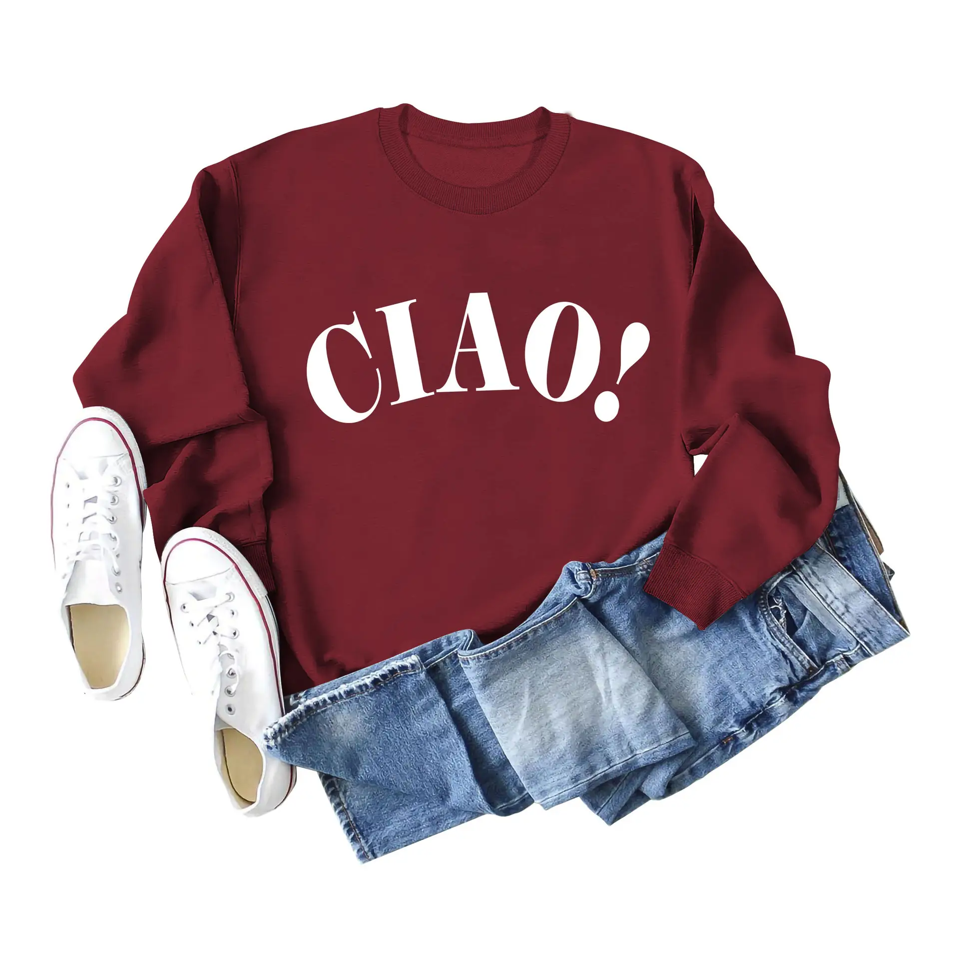 Women Red Ciao Long Sleeve Sweatshirt with Blue Denim Shorts Set