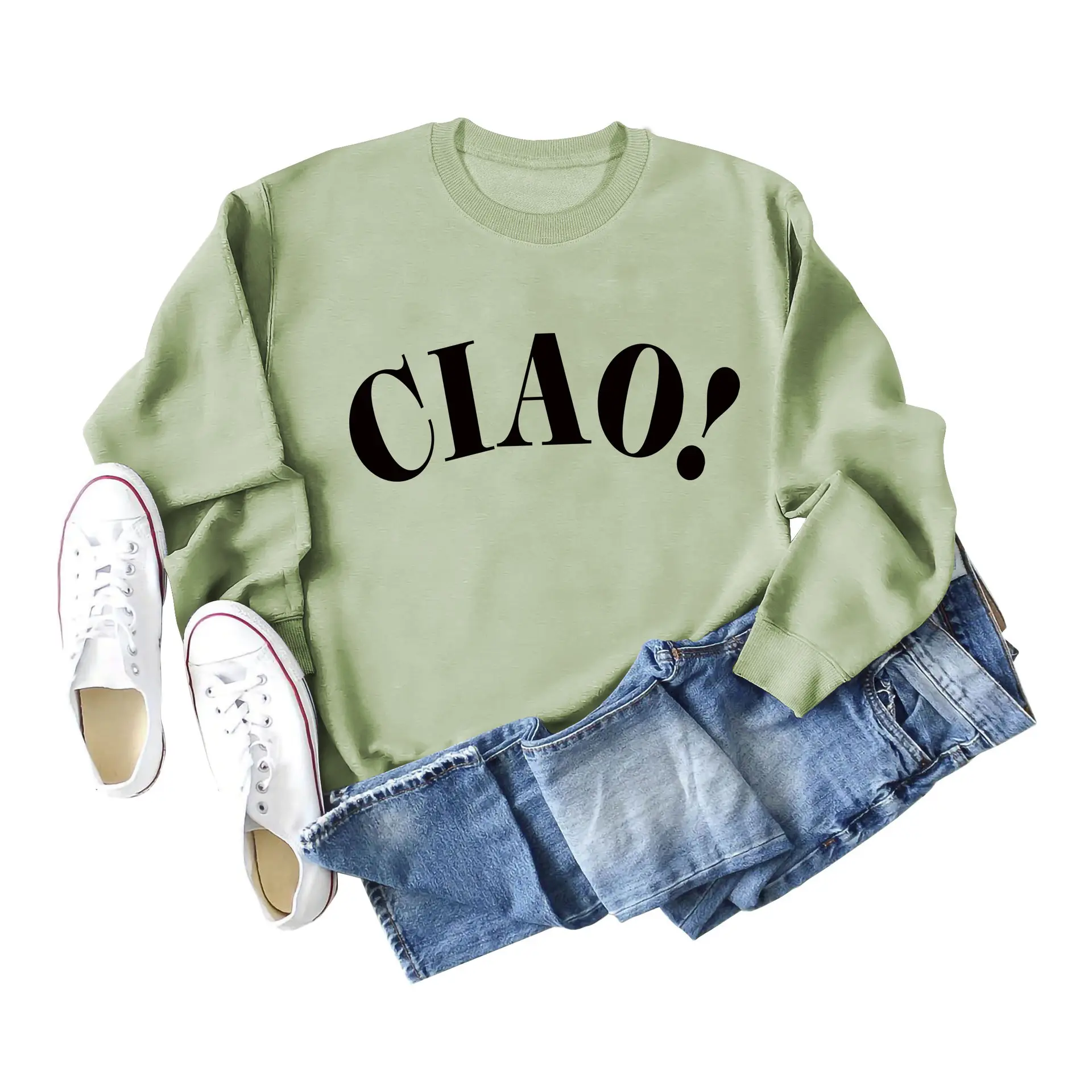 Women Red Ciao Long Sleeve Sweatshirt with Blue Denim Shorts Set