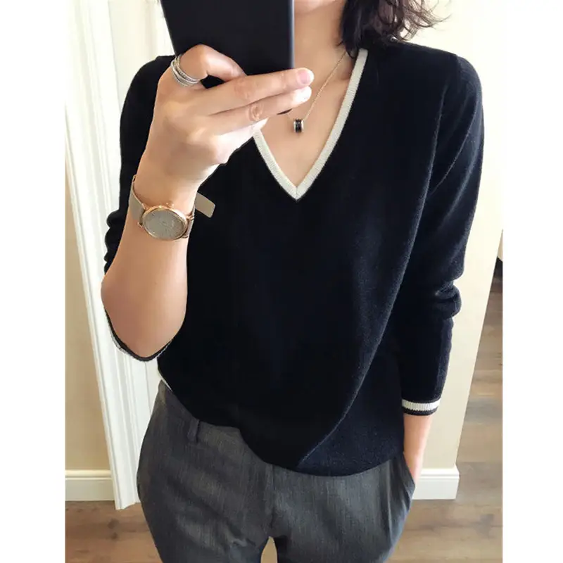 Women Grey V-Neck Knitted Sweater Low Neck Base Layer - Image 3