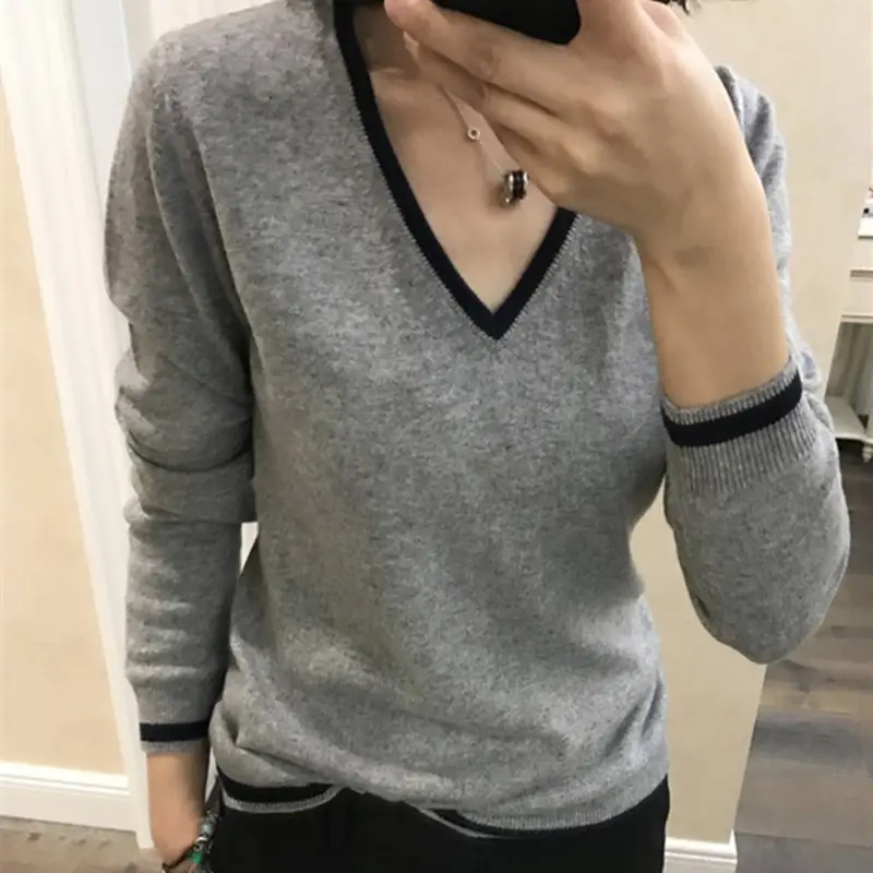 Women Grey V-Neck Knitted Sweater Low Neck Base Layer - Image 2