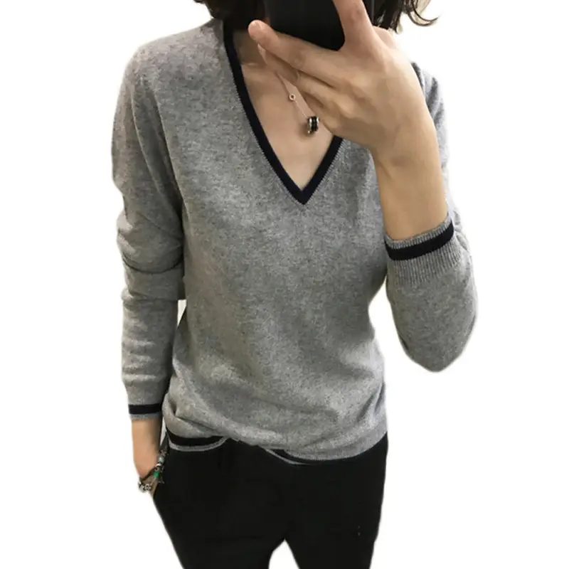 Women Grey V-Neck Knitted Sweater Low Neck Base Layer - Image 6