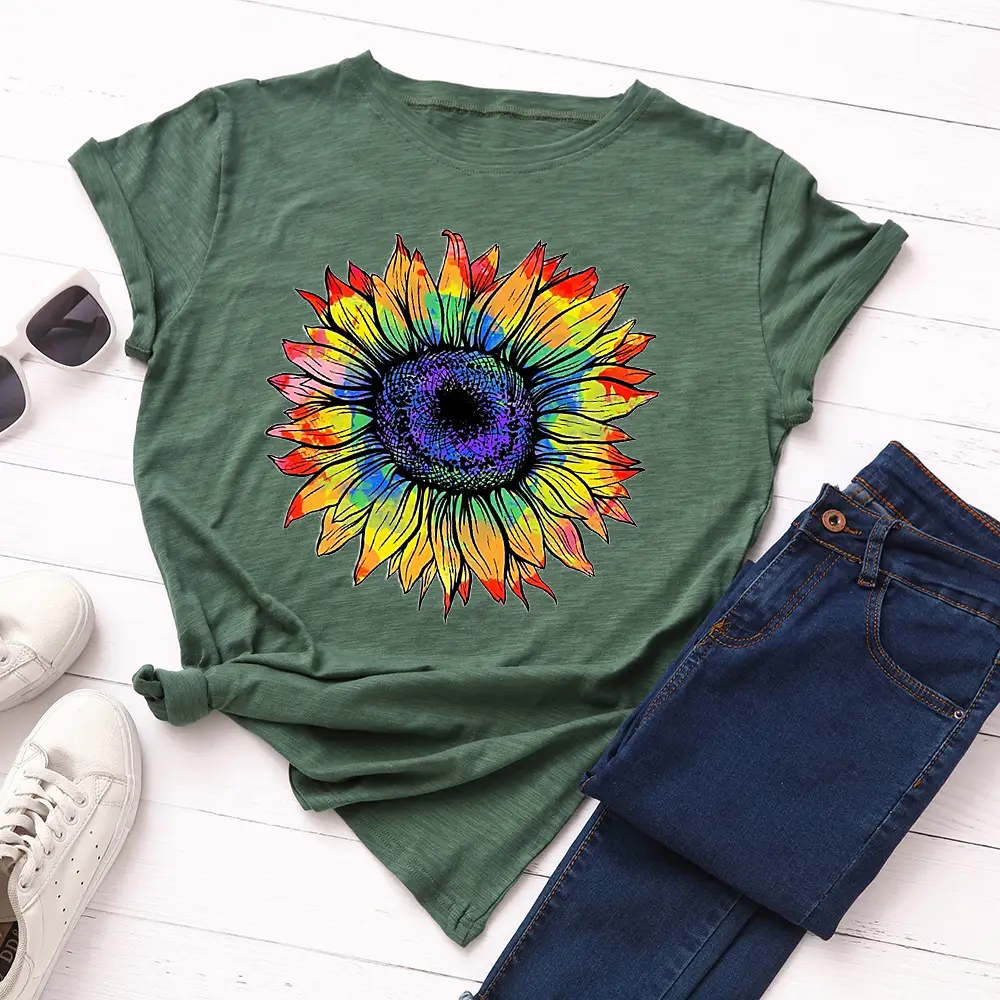 Women Cotton Sunflower Print T-Shirt Yellow - Image 6
