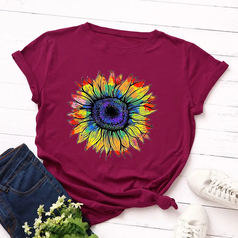 Women Cotton Sunflower Print T-Shirt Yellow - Image 12