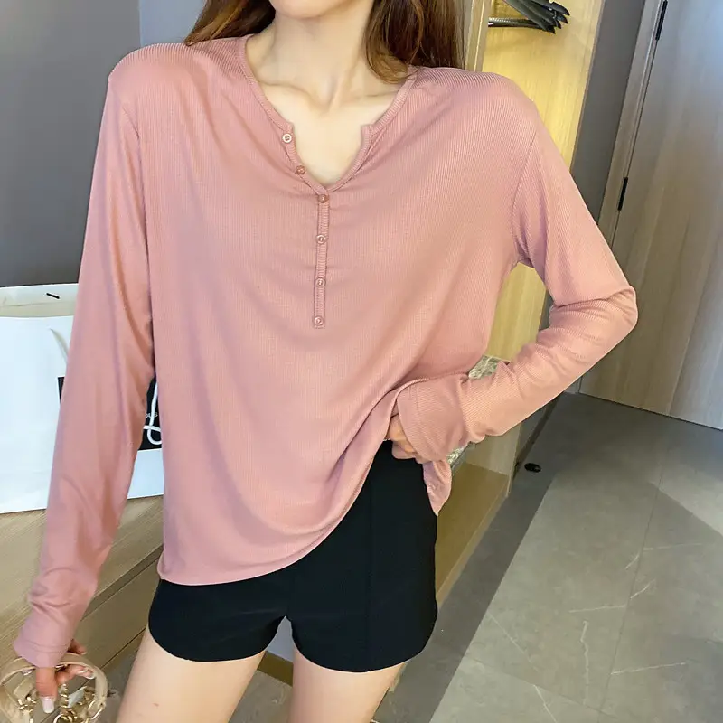 Women Button Long Sleeve T-Shirt Solid Color Large - Image 7
