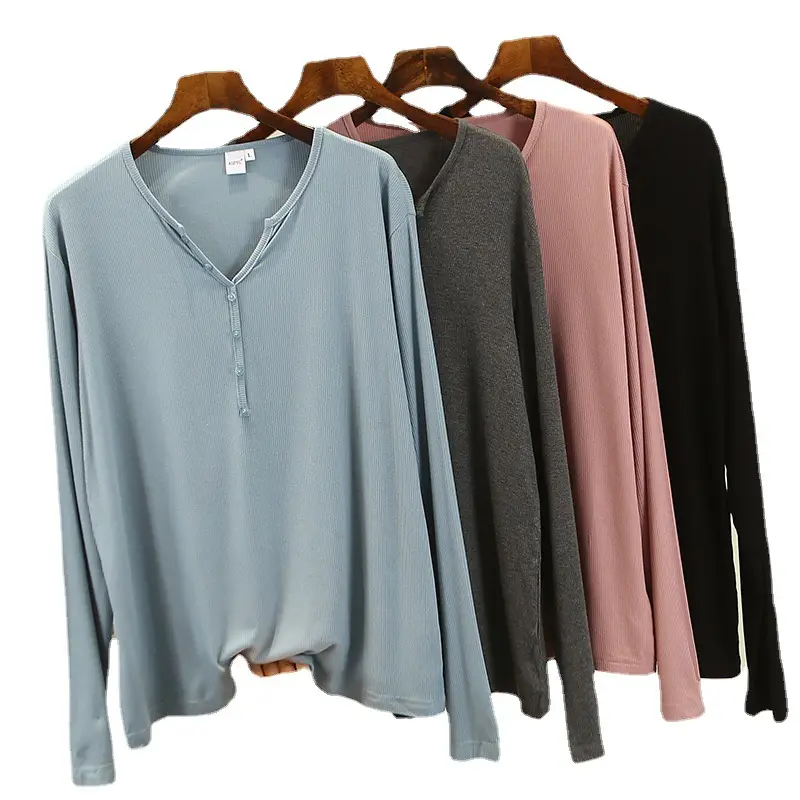 Women Button Long Sleeve T-Shirt Solid Color Large - Image 9