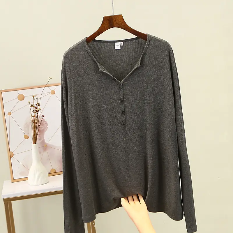 Women Button Long Sleeve T-Shirt Solid Color Large - Image 2