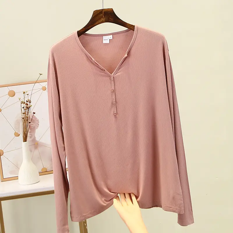 Women Button Long Sleeve T-Shirt Solid Color Large - Image 3