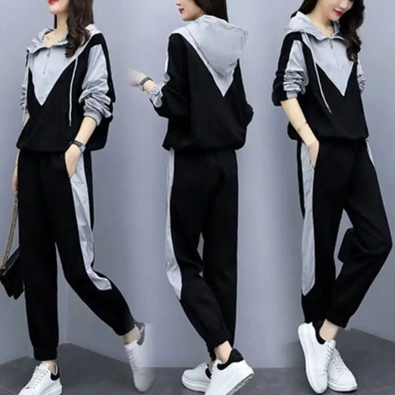 Plus-Size Women Black Grey Patchwork Track Suit Set - Image 3