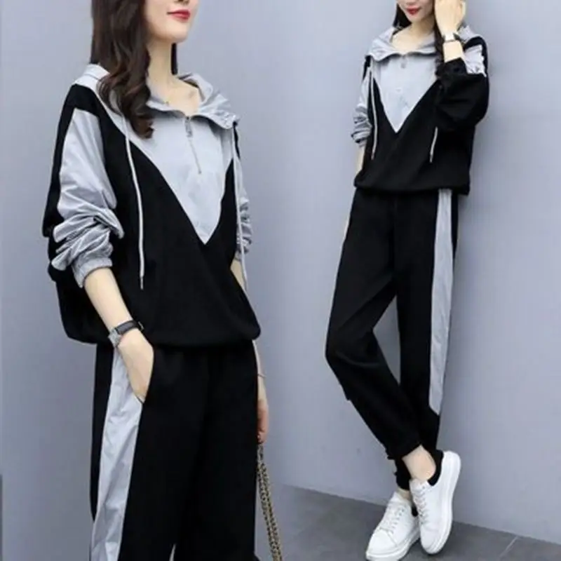 Plus-Size Women Black Grey Patchwork Track Suit Set - Image 2