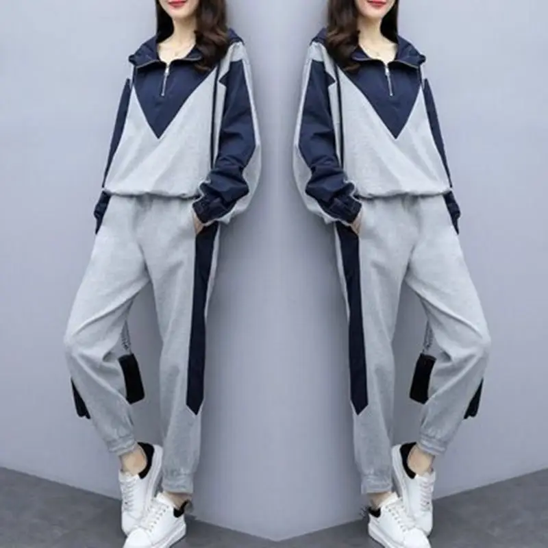 Plus-Size Women Black Grey Patchwork Track Suit Set - Image 4