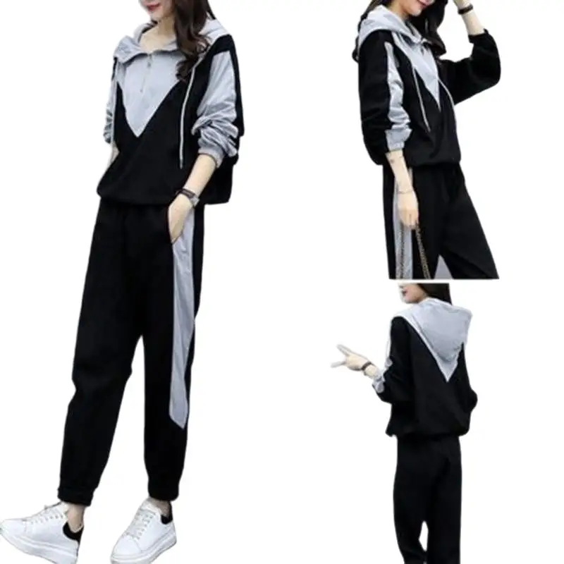 Plus-Size Women Black Grey Patchwork Track Suit Set - Image 5