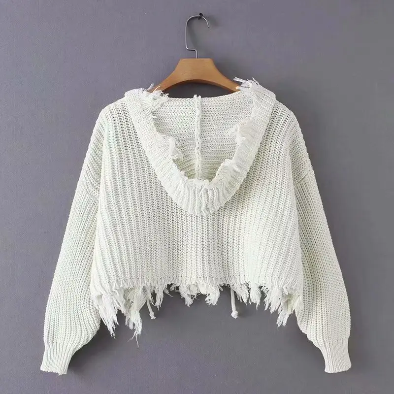Black Knitted Hooded Tassel Cardigan Zipper Sweater for Women — feature 10