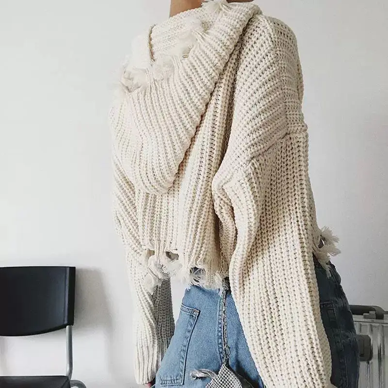 Black Knitted Hooded Tassel Cardigan Zipper Sweater for Women — feature 3