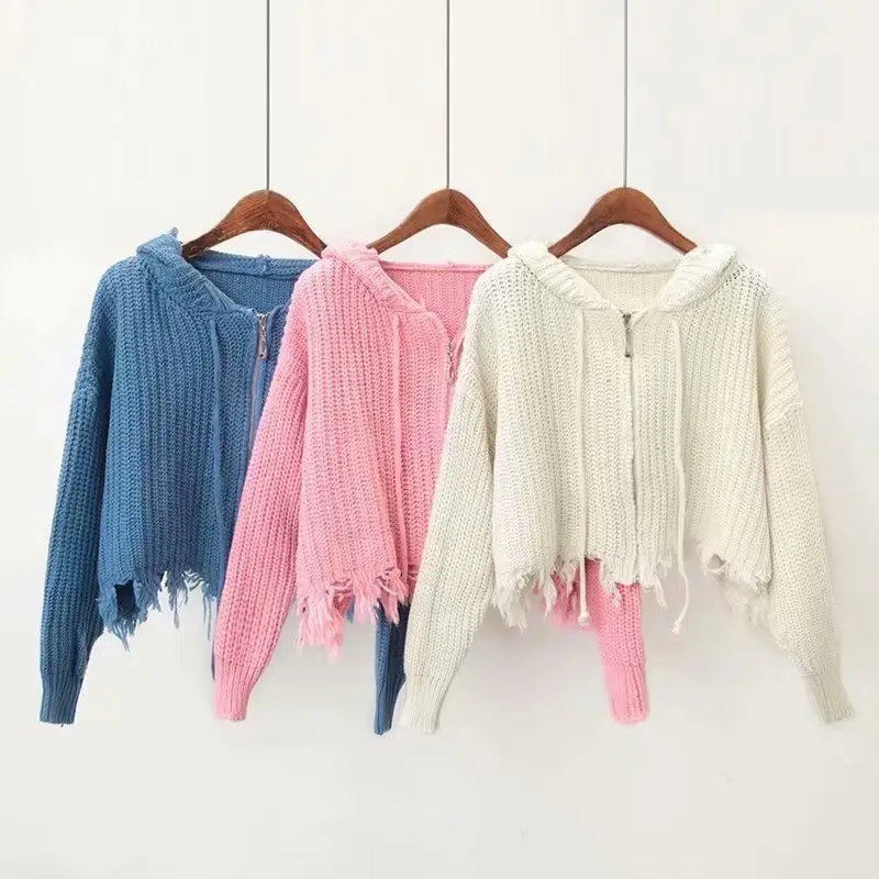 Black Knitted Hooded Tassel Cardigan Zipper Sweater for Women — feature 5