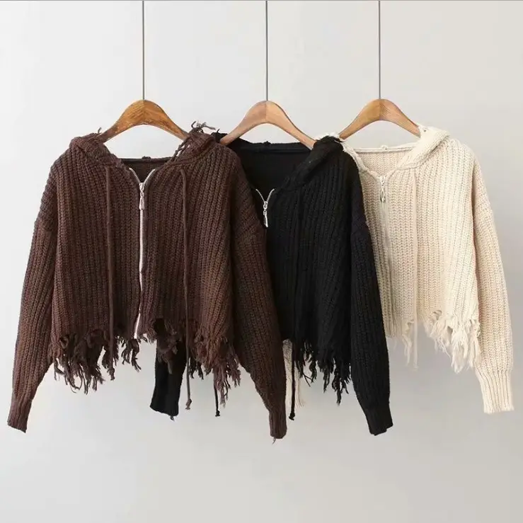 Black Knitted Hooded Tassel Cardigan Zipper Sweater for Women — feature 6