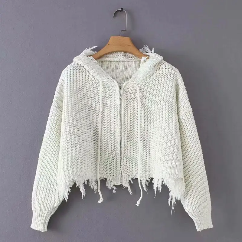 Black Knitted Hooded Tassel Cardigan Zipper Sweater for Women — feature 7