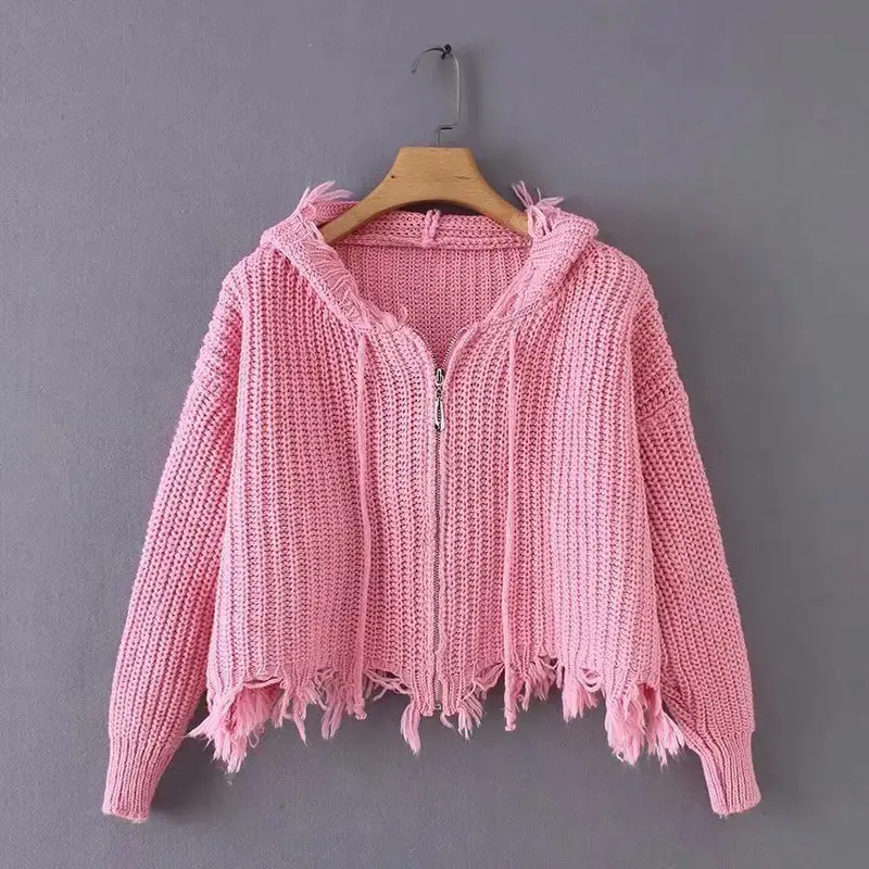Black Knitted Hooded Tassel Cardigan Zipper Sweater for Women — feature 8