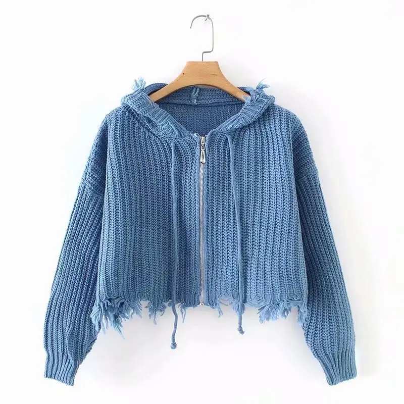 Black Knitted Hooded Tassel Cardigan Zipper Sweater for Women — feature 9