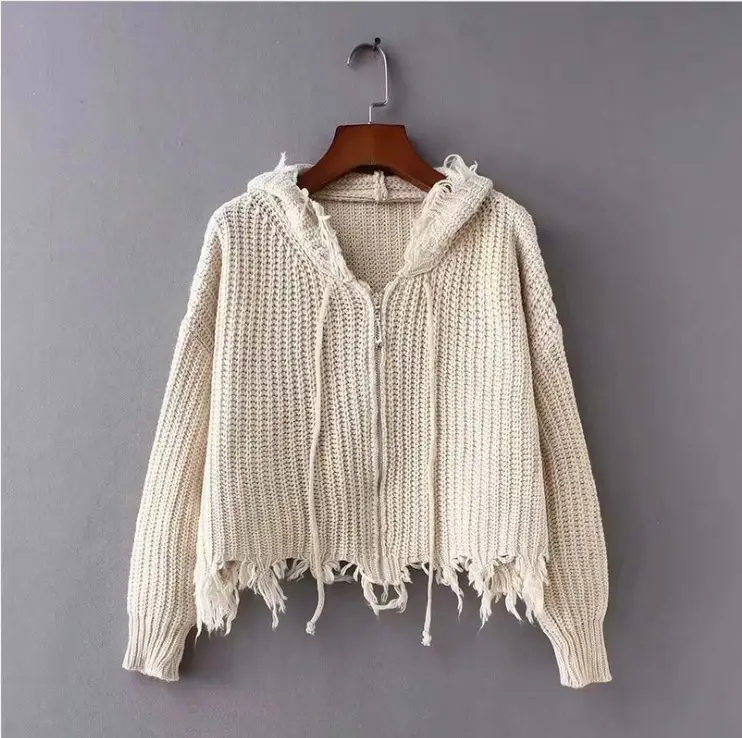 Black Knitted Hooded Tassel Cardigan Zipper Sweater for Women - Image 2