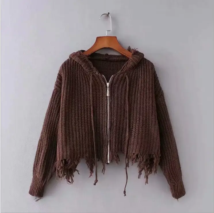 Black Knitted Hooded Tassel Cardigan Zipper Sweater for Women - Image 5