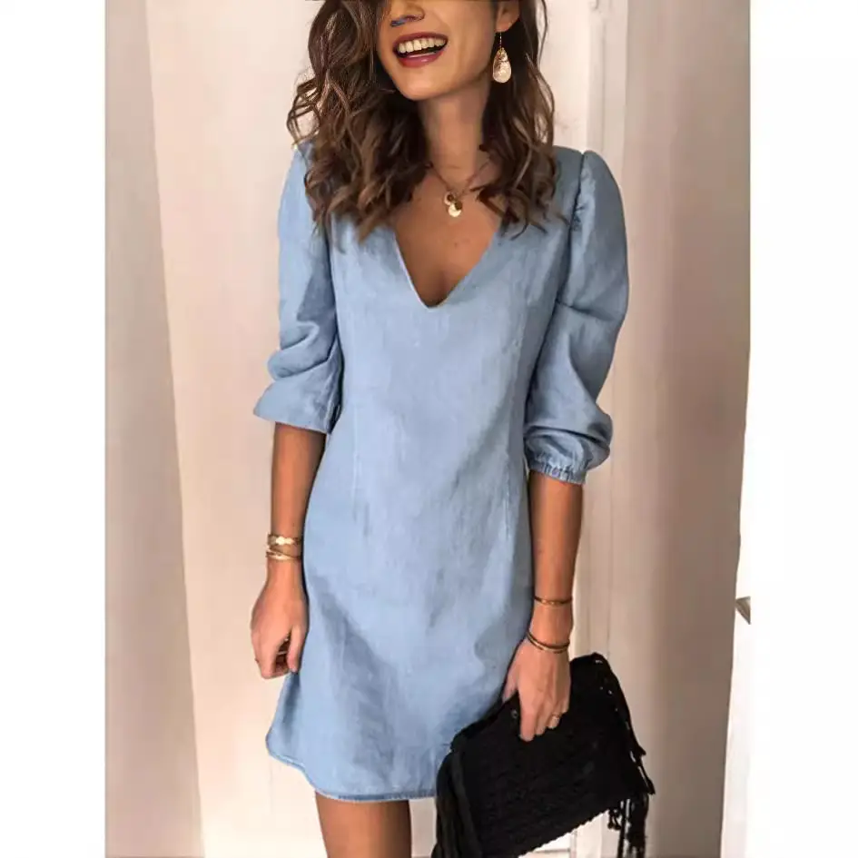 2025 Hot Selling Blue V-Neck Dress for Women - Image 8