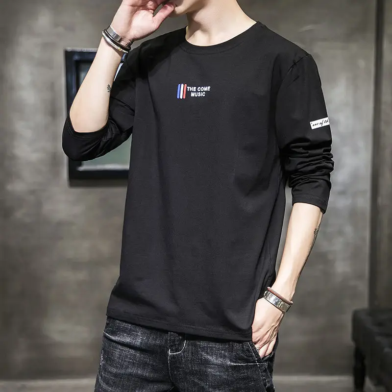 Men Long Sleeve Korean T-Shirt White Round Neck 2020 - Image 4
