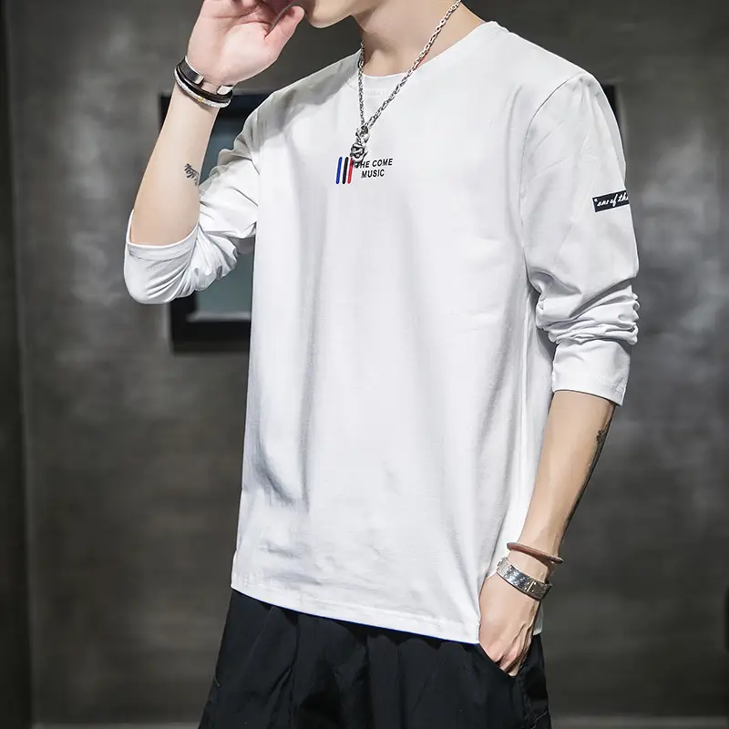 Men Long Sleeve Korean T-Shirt White Round Neck 2020 - Image 5