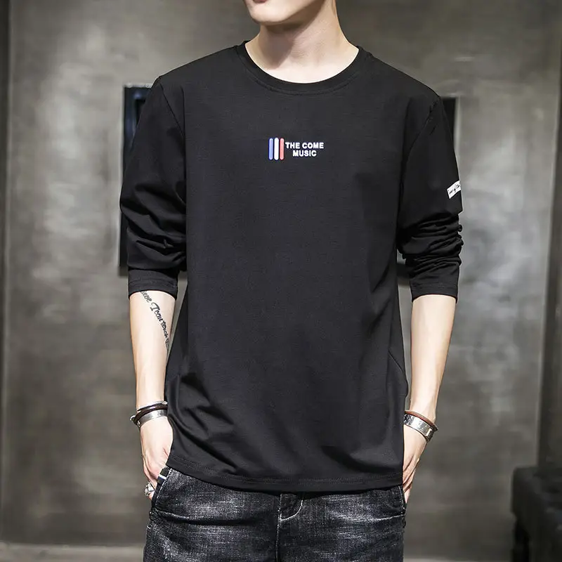Men Long Sleeve Korean T-Shirt White Round Neck 2020 - Image 6