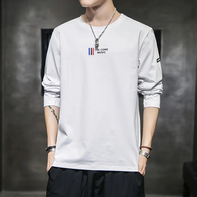 Men Long Sleeve Korean T-Shirt White Round Neck 2020 - Image 7