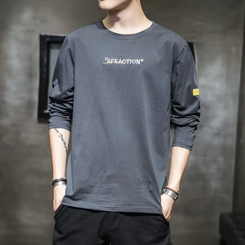 Men Long Sleeve Korean T-Shirt White Round Neck 2020 - Image 3