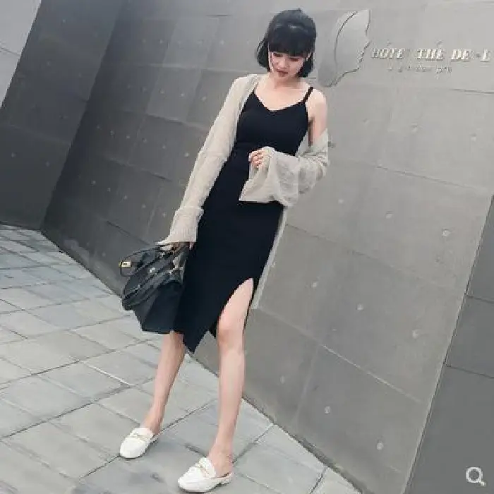 Black Long Sleeve Knitted Dress with Side Slit 2024 - Image 4