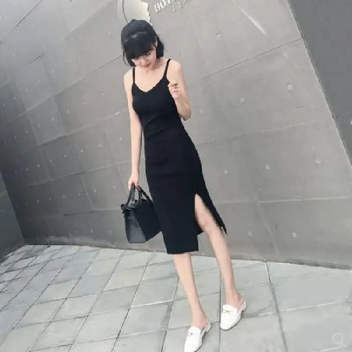 Black Long Sleeve Knitted Dress with Side Slit 2024 - Image 2