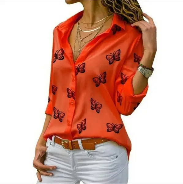 Women's White Butterfly Print Loose Lapel Shirt 2020 - Image 2